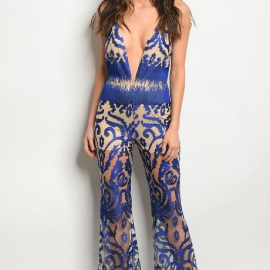 Royal Blue Nude Glam Deep V Neck Plunge Jumpsuit