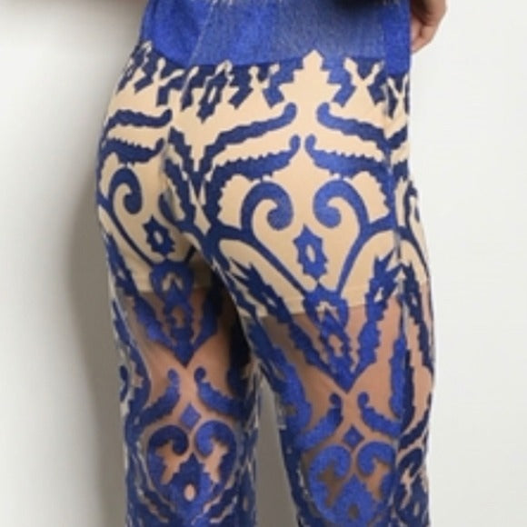 Royal Blue Nude Glam Deep V Neck Plunge Jumpsuit