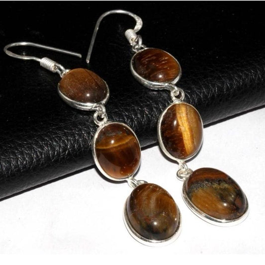 2.5" Tigers Eye .925 Sterling Silver Overlay Earrings