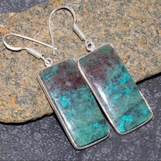 1.8" Chrysocolla .925 Sterling Silver Overlay Earrings