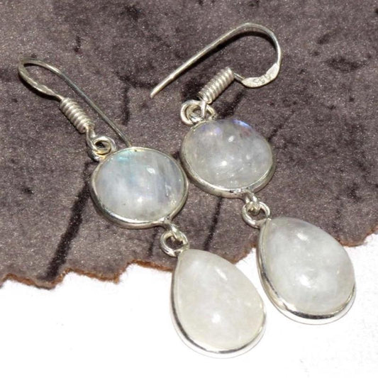 2" Rainbow Moonstone .925 Sterling Silver Overlay Earrings