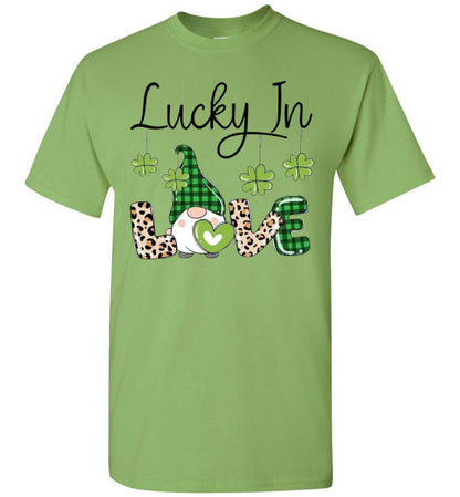 Lucky In Love Irish St Patrick's Day Gnome Graphic Tee Shirt Top T-Shirt