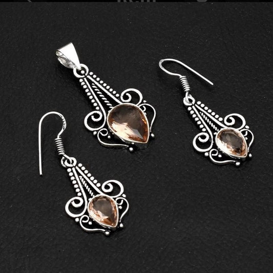 1.68" Morganite.925 Sterling Silver Overlay Pendant & Earring Set