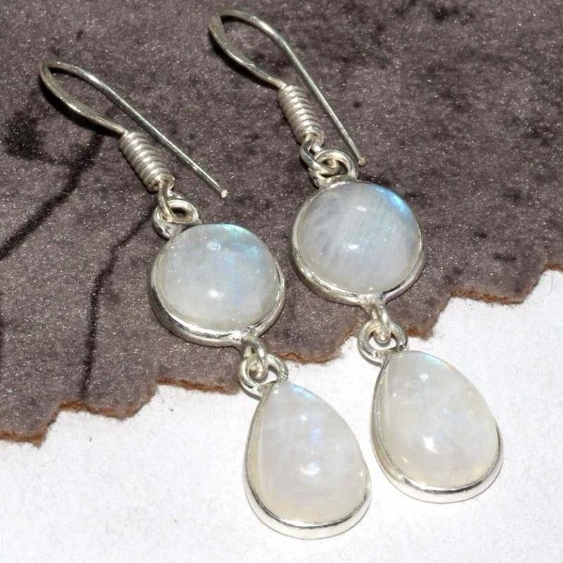 1.6" Rainbow Moonstone .925 Sterling Silver Overlay Earrings