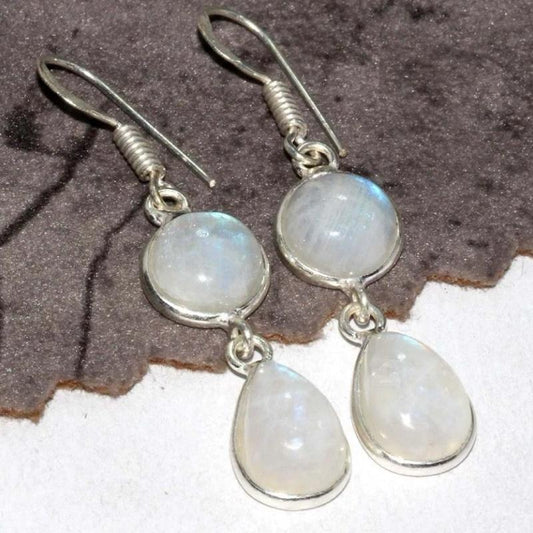 1.6" Rainbow Moonstone .925 Sterling Silver Overlay Earrings