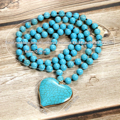 8mm Turquoise Natural Stone Bead Long Necklace with Heart Pendant