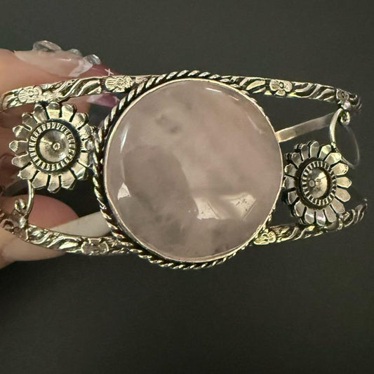 Rose Quartz Bangle Cuff .925 Sterling Silver Overlay Bracelet