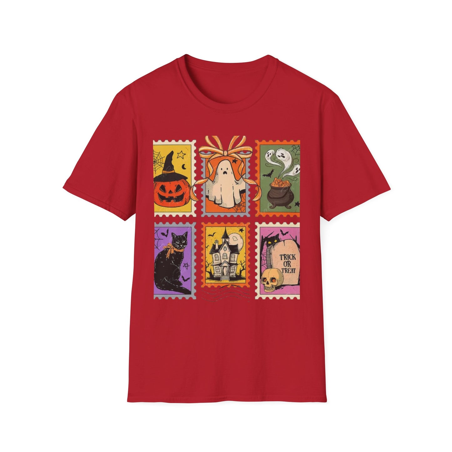 Halloween Themed Unisex Softstyle T-Shirt - Spooky Stamp Design, Fall Fashion, Trick or Treat, Halloween Party, Gift for Ghost Lovers