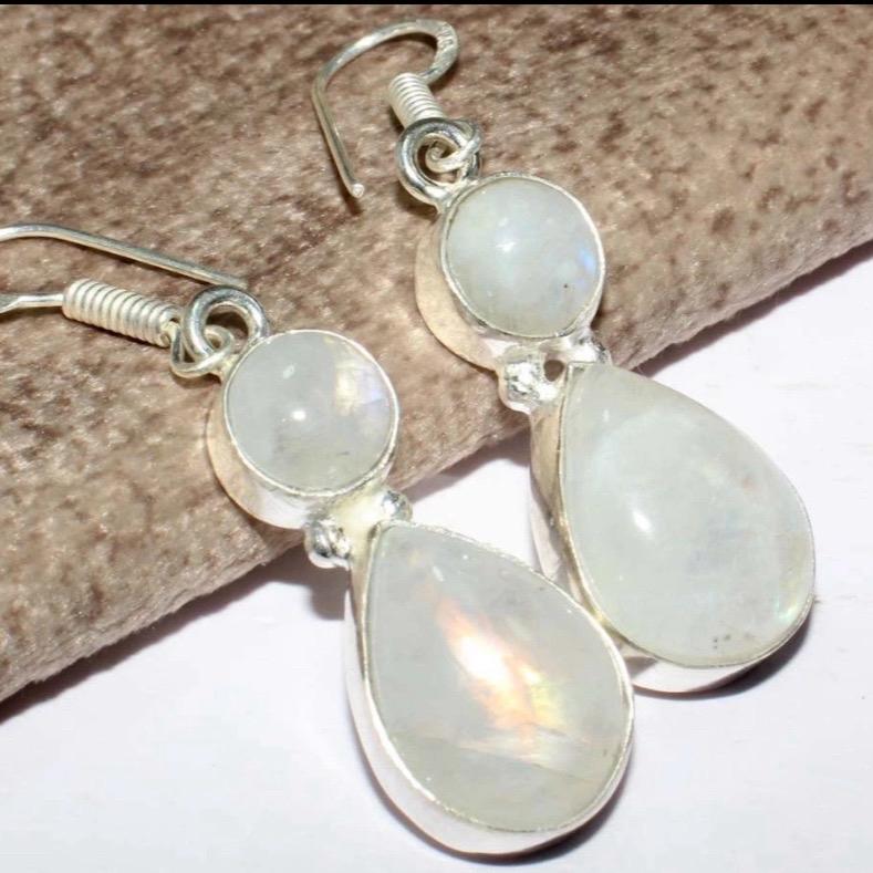 1.9" Rainbow Moonstone .925 Sterling Silver Overlay Earrings