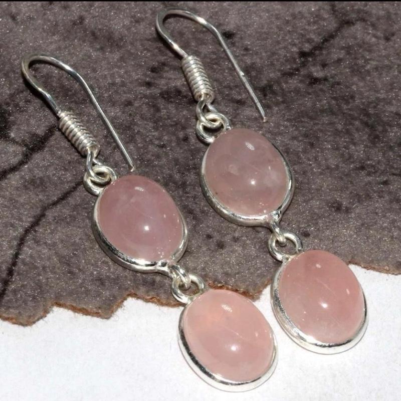 1.7" Rose Quartz .925 Sterling Silver Overlay Earrings