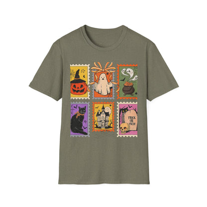 Halloween Themed Unisex Softstyle T-Shirt - Spooky Stamp Design, Fall Fashion, Trick or Treat, Halloween Party, Gift for Ghost Lovers