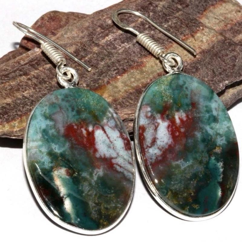 1.9" Bloodstone .925 Sterling Silver Overlay Earrings