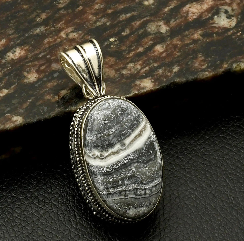 1.8" Black Rhodochrosite .925 Sterling Silver overlay Pendant