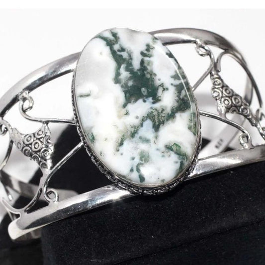 Tree Agate Bangle Cuff .925 Sterling Silver Overlay Bracelet