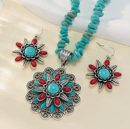 Bohemian Western Flower Stone Turquoise Necklace Earrings