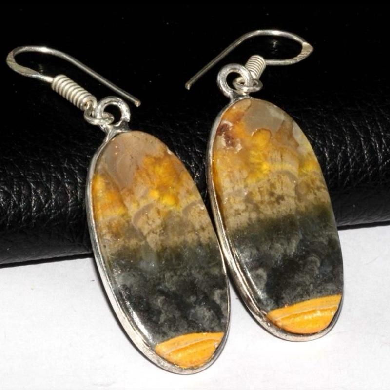 2" Bumblebee Jasper .925 Sterling Silver Overlay Earrings