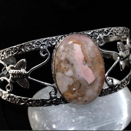 Pink Peruvian Opal Bangle Cuff .925 Sterling Silver Overlay Bracelet