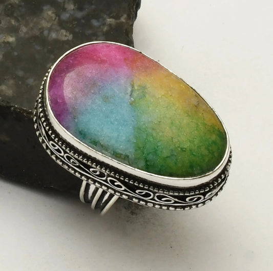 Size 7 Rainbow Solar Quartz 925 Sterling Silver Overlay Ring