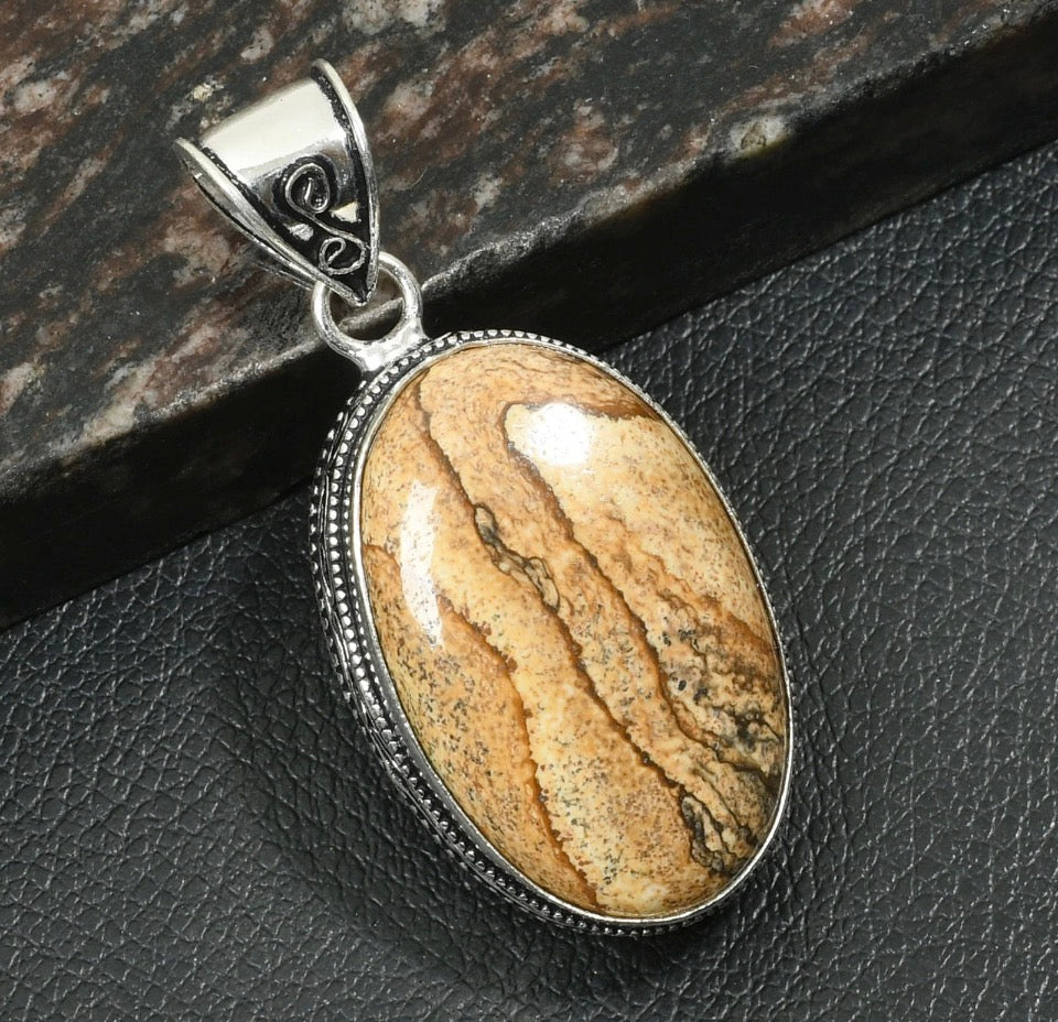 2.2" Picture Jasper Silver Plated Gemstone Handmade Antique Design Pendant