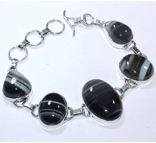 Banded Black Onyx 925 Silver Overlay Handmade Bracelet 8"
