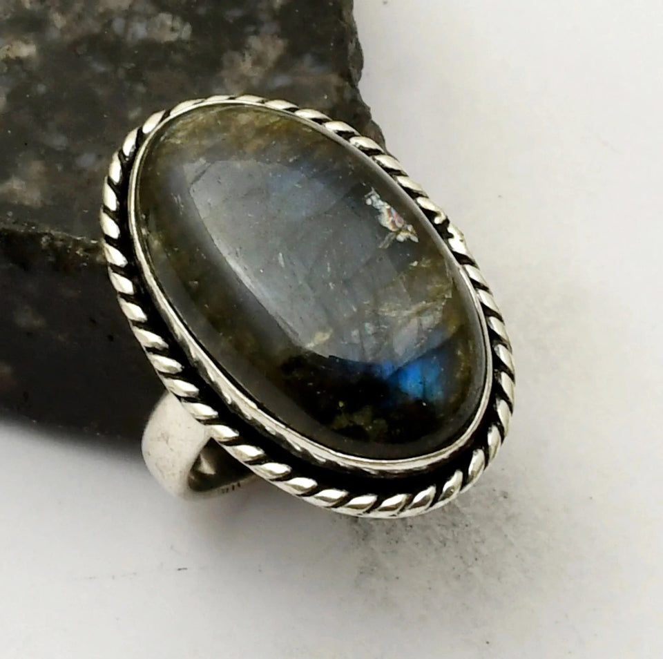 Size 9 Labradorite .925 Sterling Silver Overlay Ring