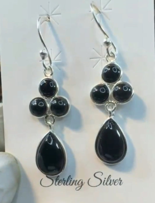 Black Onyx.925 Solid Sterling Silver Dangle Earrings