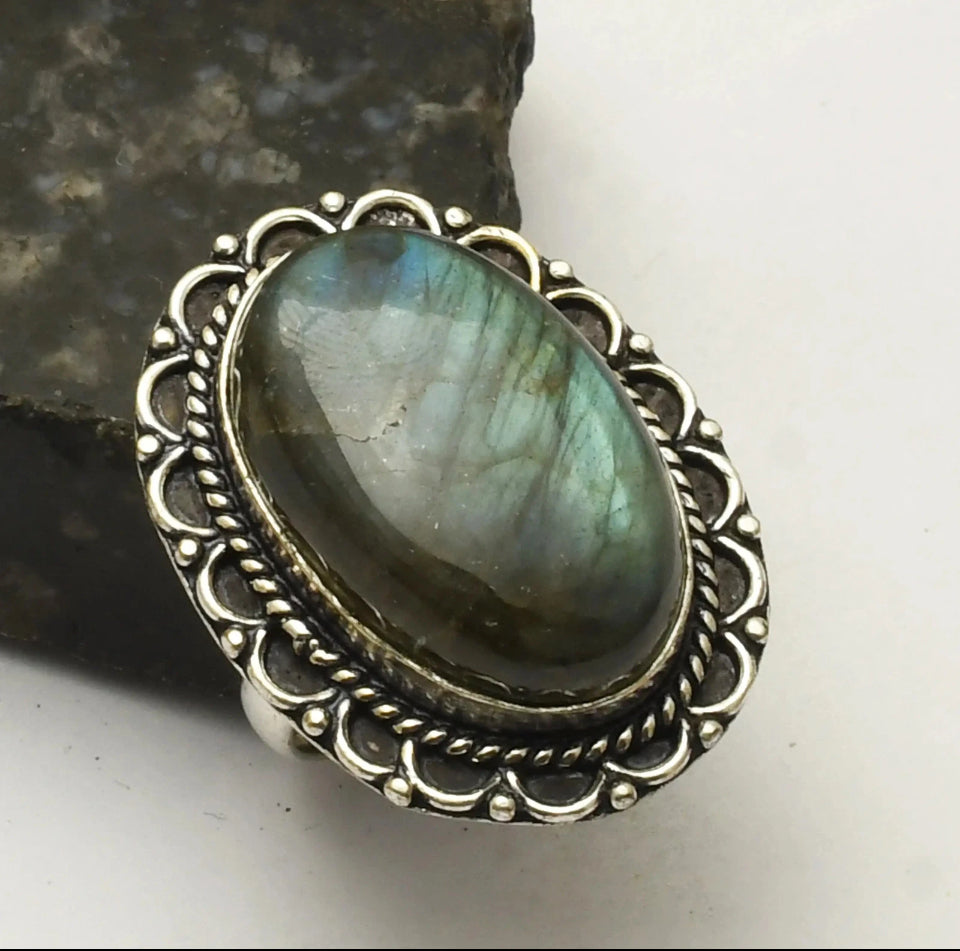 Size 9 Labradorite .925 Sterling Silver Overlay Ring