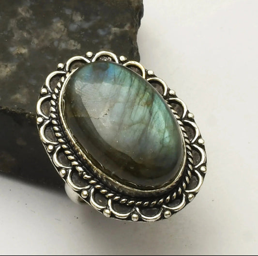 Size 9 Labradorite .925 Sterling Silver Overlay Ring