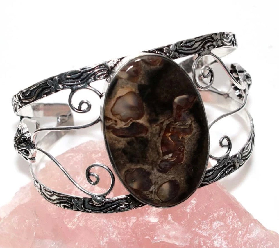 Huge Rock Fossil Silver Plated Bangle Cuff Bracelet