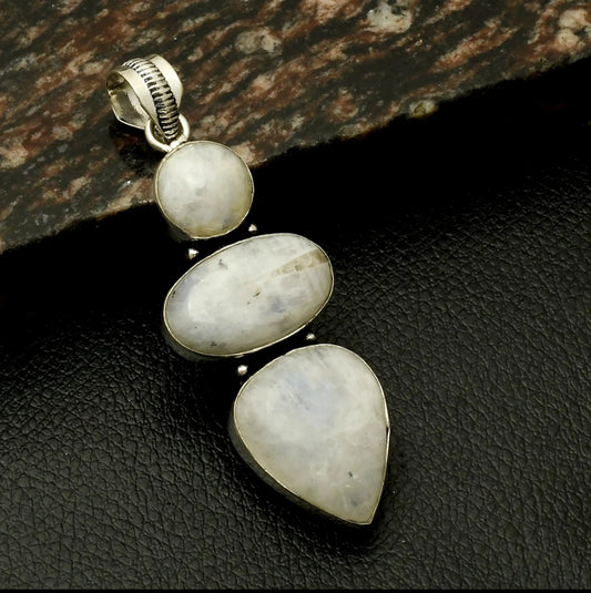 2.8" Rainbow Moonstone .925 Sterling Silver Overlay Pendant
