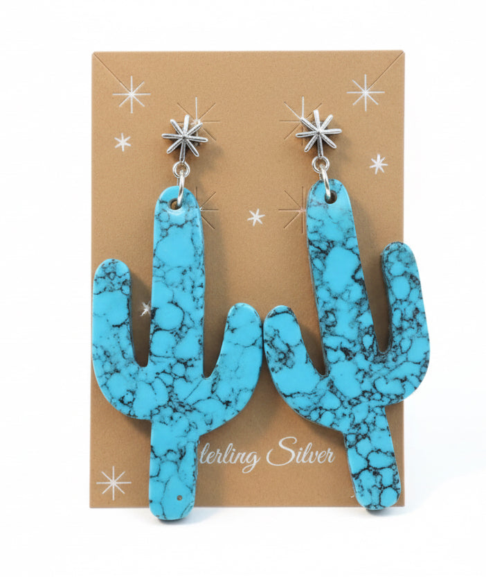 Blue Howlite .925 Solid Sterling Silver Dangle Cactus Earrings