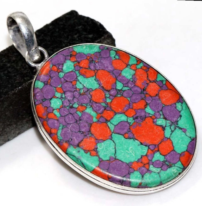 2.3" Mosaic Jasper .925 Sterling Silver Overlay Pendant