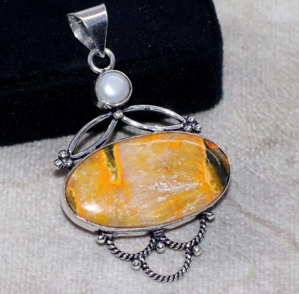 2.1" Bumble Bee Jasper Natural Stone .925 Sterling Silver Overlay Pendant