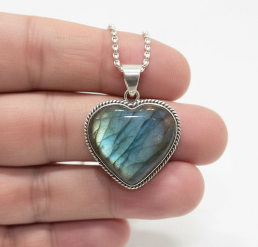 Medium Labradorite .925 Sterling Silver Heart Necklace
