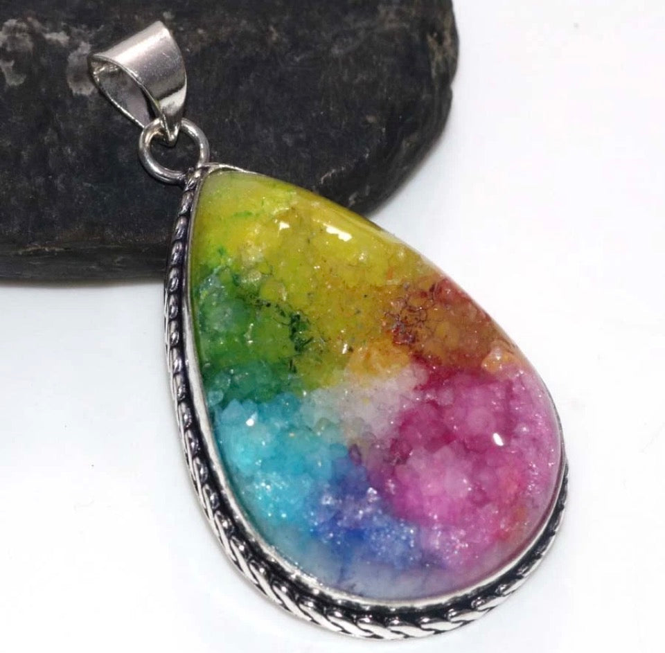 Rainbow Solar Druzy Natural Stone Silver Plated Pendant