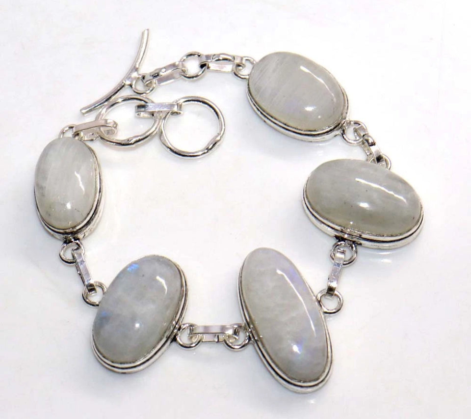 8" Rainbow Moonstone Toggle .925 Silver Overlay Bracelet