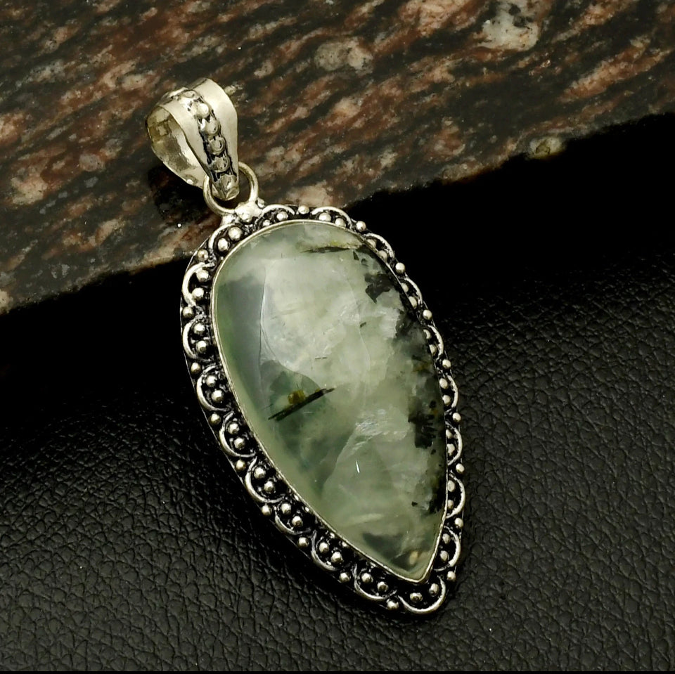 2.4" Prehnite Natural Stone .925 Sterling Silver Overlay Pendant
