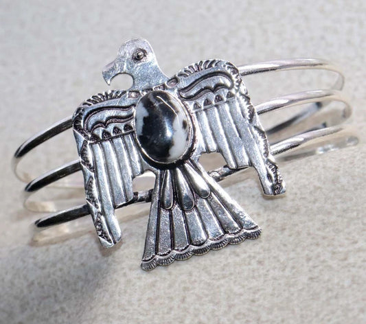 Thunderbird White Buffalo Bangle Cuff .925 Sterling Silver Overlay Bracelet
