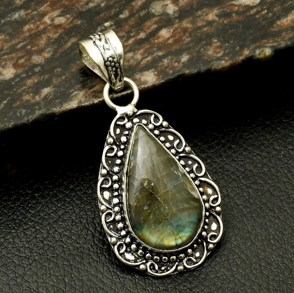 2" Labradorite Natural Stone .925 Sterling Silver Overlay Pendant