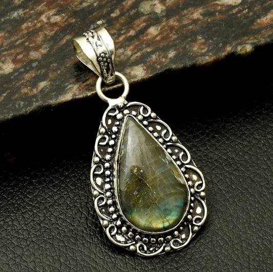 2" Labradorite Natural Stone .925 Sterling Silver Overlay Pendant