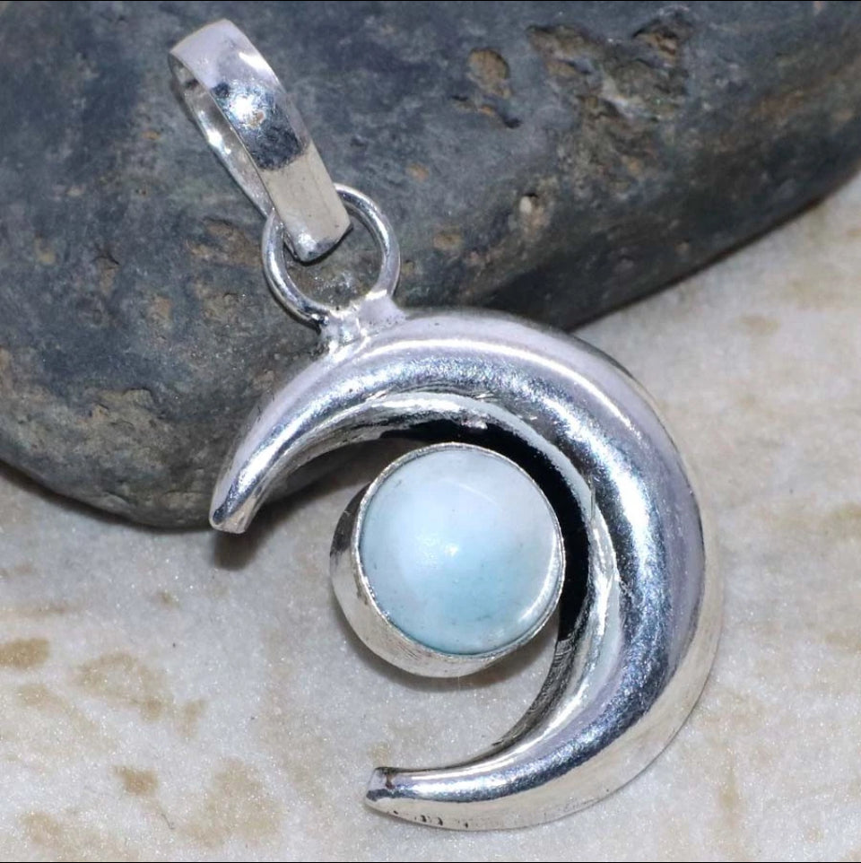 1.5" Larimar Crescent Moon .925 Sterling Silver Overlay Pendant
