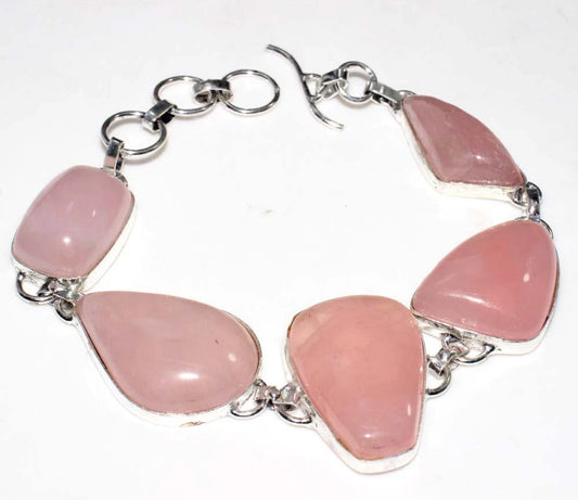 Classy Rose Quartz 925 Silver Overlay Bracelet 9.5"
