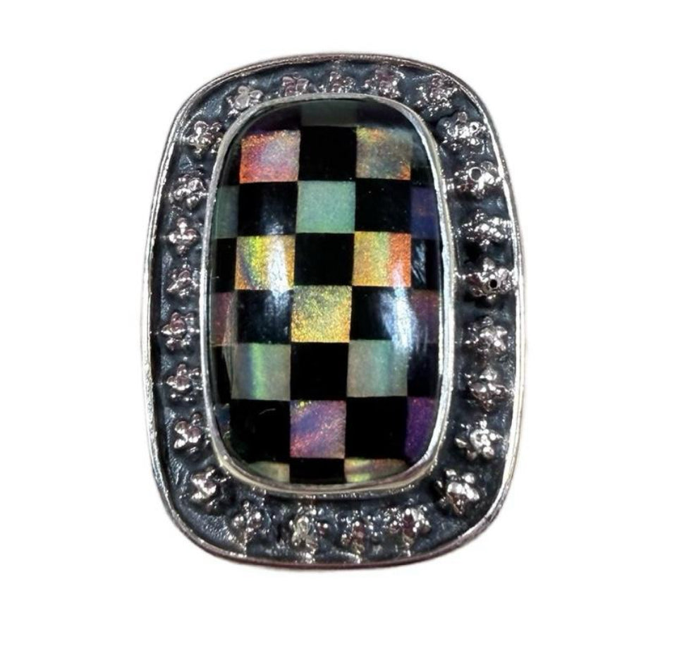 Adjustable 9 and under Aurora Opal Checker Board 925 Solid Sterling Silver Ring
