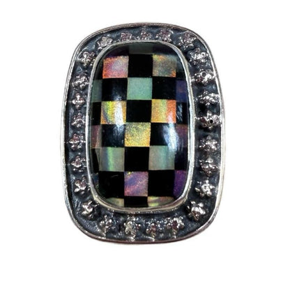 Adjustable 9 and under Aurora Opal Checker Board 925 Solid Sterling Silver Ring