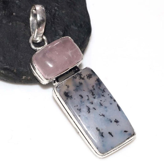 Rose Quartz & Dendritic Opal Natural Stone Silver Played Pendant