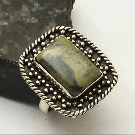Size 8 Ocean Jasper 925 Sterling Silver Overlay Ring