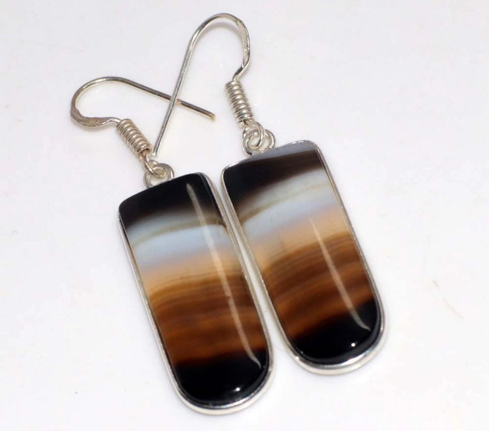 Banded Black Onyx 925 Silver Overlay Handmade Earrings 2"