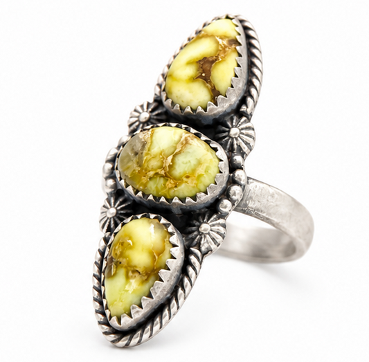 .925 Solid Sterling Silver Triple Stone Palamino Turquoise Adjustable Ring 5-9