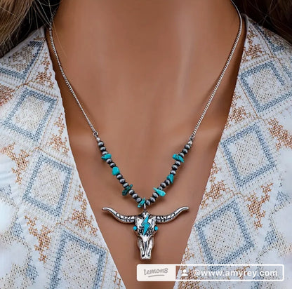 Western Country Blue Turquoise Stone Pendant Southwestern Bill Head Cow Necklace