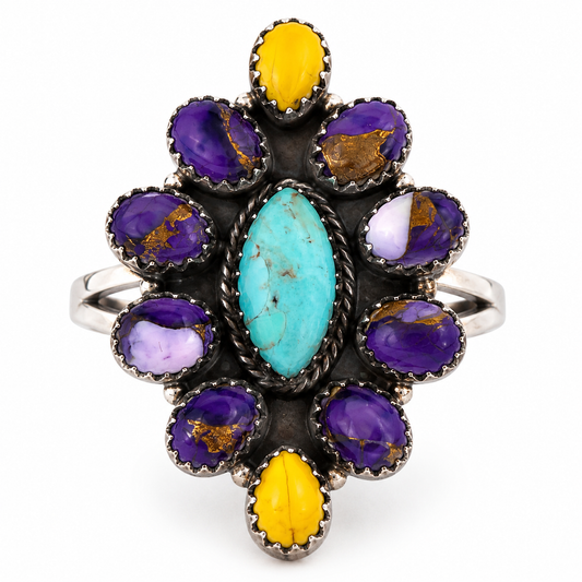 Purple Dahlia & Turquoise .925 Sterling Silver Cluster Adjustable Ring